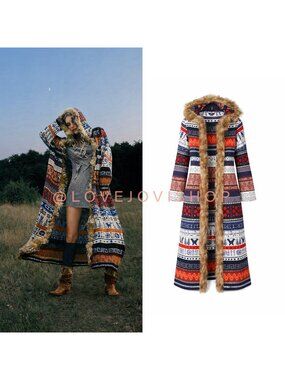 Bohemian | Tribal Print Hooded Jersey Knit Duster | Faux Fur Trim | Scandi Girl